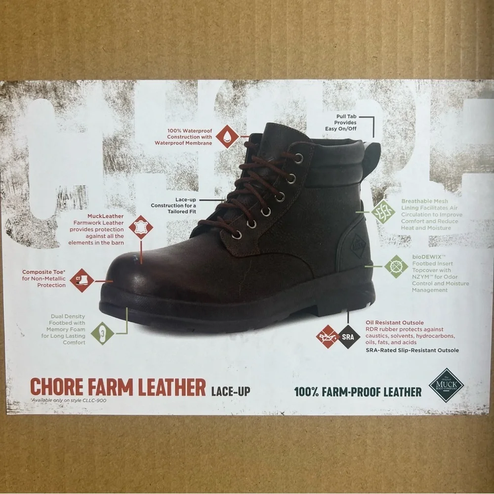 Muck Boot Chore Farm Leather Comp Toe 6” Lace Up Chelsea Boot Waterproof Black